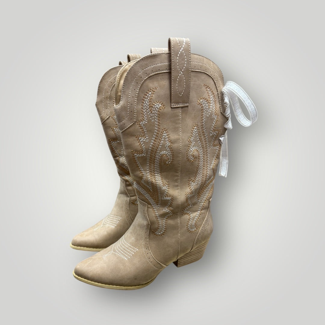 Neutral Western-Inspired Mid-Calf Boots, 8.5